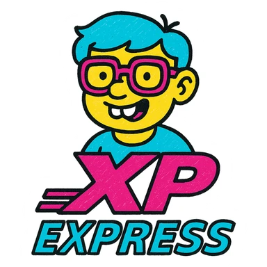 funny, cringe nerd club logo for 'xp express', inspired by DHL Express sticker