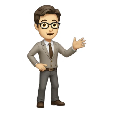 To belt Actively gesturing with hands Pale skinned fit man with dark brown hair in gray jacket, beige office shirt, brown tie, brown pants and vintage glasses. sticker