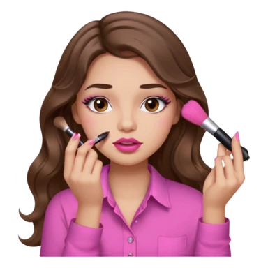 girl with long wavy brown hair, brown eyes, light to medium complexion, in a pink shirt, pink lips, long lashes, puckered lips, putting on makeup sticker