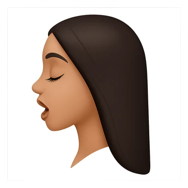 Create a side view (profile) of this woman's head in the normal iPhone emoji style, with closed eyes, long eyelashes, an open mouth, smooth shading, no outlines, and long dark hair. This is variant 1. The style should mimic the iPhone emoji style with smooth shading and no outlines. sticker