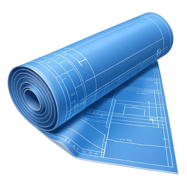 side view of a blue blueprint plan with white lines, partially unrolled sticker
