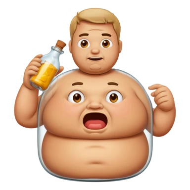 fat man squeezed inside a transparent bottle, funny and exaggerated emoji style sticker