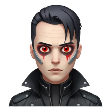 Cyberpunk man, slicked hair, silver metal jaw prosthetic, glowing red eyes, cold expression, clinical lighting sticker