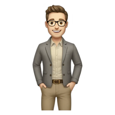 Joyful Pale skinned Fit Man With dark brown hair in gray jacket, beige office shirt, Brown pants and vintage glasses. His thrumbs up sticker