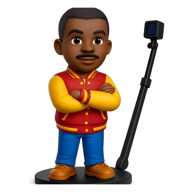 Edit the male African American emoji with a letterman jacket, pencil mustache, and arms crossed. Place him in a 3D cartoon style, standing on a 360 spin booth platform with a rotating camera arm visible. Keep the background transparent. The style should resemble a 3D cartoon look with clear details and vibrant colors. sticker