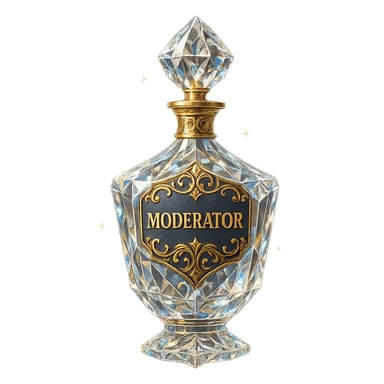 luxurious crystal elixir bottle with the inscription 'Moderator', modern design, lots of shining, facets, ornaments, golden details, magical effects, very small golden neck, transparent background, beautiful seamless bottom, bottle clearly floating in the air without base or shadow, premium class impression, exclusive design matching a collection of crystal, luxurious, magical bottles sticker