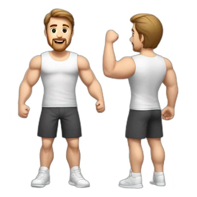 Full height realistic Actively gesturing with hands Pale skinned Fit Man With the biceps and brown hair in dark gray Sleeveless Mike, black oversize sports shorts, watch and white Sneakers sticker