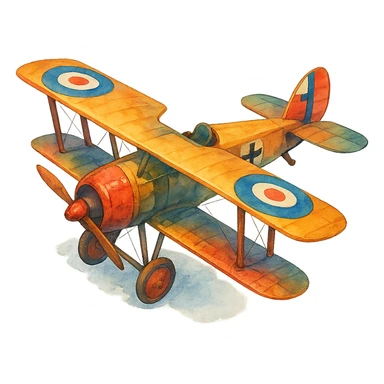 Самолет времен Первой Мировой, слегка рисованный, но объемный стиль, яркие цвета, прозрачный фон sticker