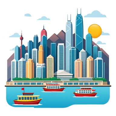 Hong Kong Victoria Harbor skyline, simplified emoji style with bold outlines and bright colors, cartoon style city view with tall buildings sticker