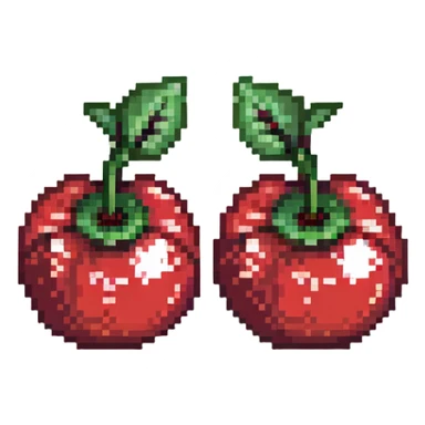 Pixel art of two red cherries with green stem sticker