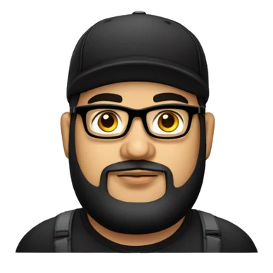 chubby venezuelan programmer with beard, glasses, BLACK hat, airpods with tattoos sticker