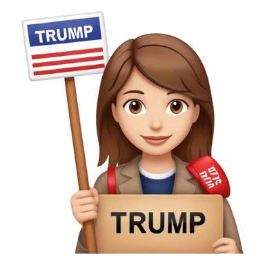 smiling girl with brown hair with a protest Trump sign sticker