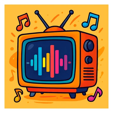 A classic CRT television with an audio waveform on the screen, surrounded by floating musical notes, lively and dynamic, vibrant toon style sticker