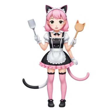Black white and pink maid dress and thigh high leggings and cat ears loose clothes sticker