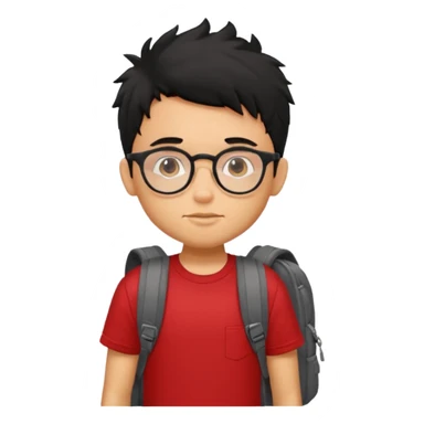 generate a pretty tan bratz boy with glasses and a backpack. black messy hair. wearing a red tshirt. sticker
