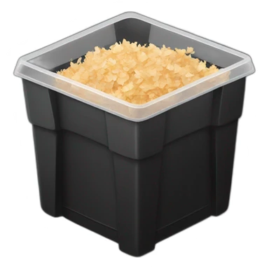 Black cubic plastic container with wood shavings inside sticker
