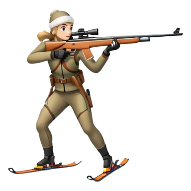 An icon showing a snowy landscape with pine trees, mountains and a clear sky with a biathlete aiming a rifle in the foreground, wearing winter gear and skis. Transparent background emphasizes the precision, endurance, and beauty of this winter sport. sticker