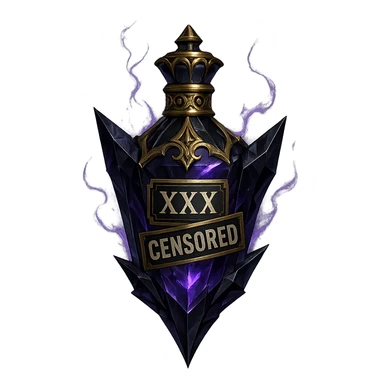 very luxurious crystal edgy forbidden elixir bottle, bottle has censored words or labels like 'XXX' and 'CENSORED', dark colors, lots of glowing, edges, ornaments, golden details, magical effects, very small golden neck, transparent background, beautiful seamless bottom, bottle clearly floating in air, no base or shadow, premium class, edgy, fitting a collection sticker