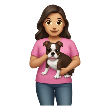 Chubby hispanic girl with brown hair and brown eyes with a pink shirt holding a boston terrier  sticker