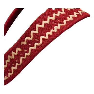 Camel color platform slip-on UGG slippers. thin red woven zig-zag trim line detail on the cuff sticker