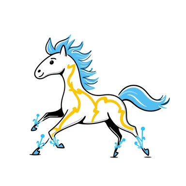 yellow fast electric horse made of electricity, bolts, visible yellow wires, lightning, blue electricity, dynamic pose sticker