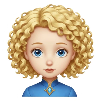Cute fantasy character head with a large forehead, big bright blue eyes, and short, voluminous golden blond curly hair. Stylized, colorful, cartoon look focused on cuteness. sticker