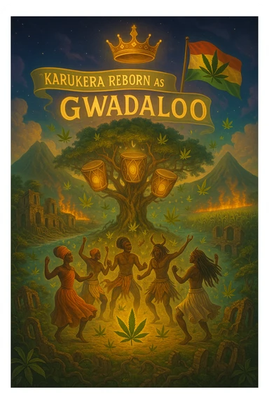 Create a powerful, surreal vision of the Caribbean island Guadeloupe, reimagined as ‘Gwadaloo’ — its sacred, sovereign identity restored. The island is lush, tropical, and volcanic, with two green volcanoes glowing golden at the peaks. In the center stands a giant mystical Drum Tree, its branches bearing carved drums instead of fruit, glowing with rhythmic light. Ancestral spirits of African and indigenous lineage dance in a circle around the tree, surrounded by floating ganja leaves and sacred symbols. Sugarcane fields burn gently in the background, symbolizing the end of colonial suffering. Ruins of colonial buildings crumble into the earth, reclaimed by vines and jungle. Above the island, a glowing banner in the sky reads: ‘Karukera reborn as Gwadaloo.’ A ganja-leaf flag waves high in red, green, and gold, and a golden Creole crown floats in the sky above the island — not worn by any man, but held in rhythm. The ocean is turquoise, the light is divine, and the entire scene radiates spiritual victory, cultural remembrance, and cosmic rhythm. Use a warm, cinematic palette of golds, greens, blues, and purples. Style should feel epic, sacred, and symbolic — a rebirth of Caribbean power. sticker