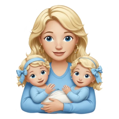 Wavy blonde, white woman with blue eyes, freckles hoop earrings, holding babies smiling and really cute in gold hoops she needs to be holding three newborns, and she needs to be more cute than pretty sticker