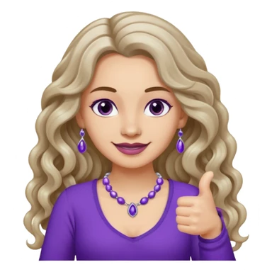lady with long wavy русые hair, purple top, коричневыми eyes, thumbs up, с бусами белые и серебром на шее sticker