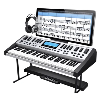 Create a professional and artistic emoji that represents writing music tracks. The design should feature a large monitor displaying musical notes or a score, positioned in front of a professional Korg synthesizer. Add elements like studio headphones, a MIDI keyboard, and an audio interface to symbolize the tools used in music production. Use sleek, modern colors like silver, black, and neon accents to convey the professional environment of music composition. The background should be transparent. sticker