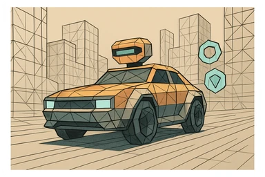 A robot car speeds through a simulated city, some buildings shown as wireframes, digital waypoints highlighting the car's robotic nature sticker