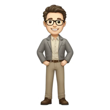 Joyful Pale skinned Fit Man With dark brown hair in gray jacket, beige office shirt, Brown pants and vintage glasses. His thrumbs up sticker