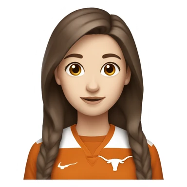 Brown hair, pale skin, woman. Wearing University of Texas Longhorn clothes sticker