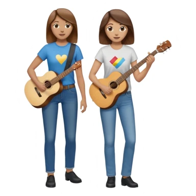 based on emoji style, like this "💁🏻‍♀️" "💁🏽‍♂️" "💁🏻", two people walking together. one is brown-haired woman, wearing business casual, holding a guitar. Another one is a non-binary person, wearing t shirt and jeans, and this person doesn't have anything on their hands. they are walking together. sticker