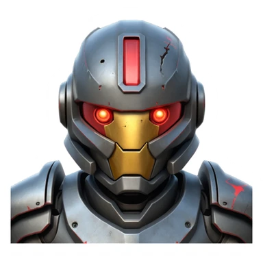 futuristic war robot portrait, head and shoulders only, aggressive design, sharp armor edges, glowing red eyes, battle-damaged helmet faceplate, heavy armor collar, intense dramatic lighting, sci-fi metal textures, 3D cartoon, mobile game icon style, clean background, no text, no watermark
 sticker