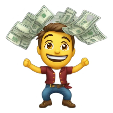 chico festejando estirando los brazos hacia arriba feliz, con billetes volando sticker