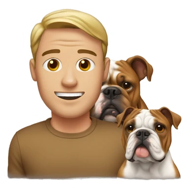 Man next to a brown english bulldog sticker