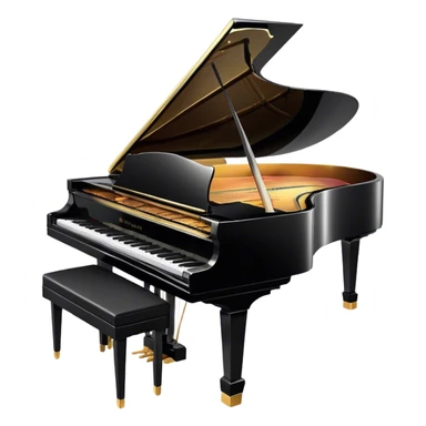Cinematic Realistic Piano, glossy black grand piano with elegantly curved edges, pristine white and black keys, soft golden light reflecting off its polished surface, faint reflections of a musician’s hands, glowing with refined elegance and musical depth. sticker