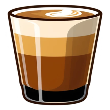 Small Gibraltar glass with cortado espresso, light brown color on top deepening to darker brown at bottom, smooth surface, no froth, clear glass showing gradient sticker