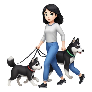 A black-haired girl walks a black and white husky sticker