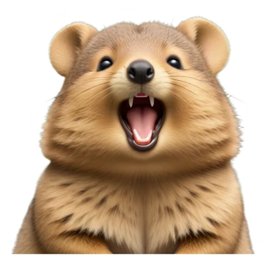cinematic-realistic  yawning quokka-emoji,-small-round-frame, head tilted in an endearing manner, wouth wide open yawning, sleepy comical smile, round cheeks, giant-fluffy-cheeks-large-smile-fluffy-brown-fur-radiating-a-warm-softness,-big-round-eyes-filled-with-joy, realistic round  fluffy zoomed in, large black eyes one paw raised in the air sticker
