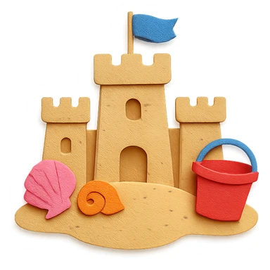sand castle with seashells and a small bucket, bright colors, paper-craft style sticker