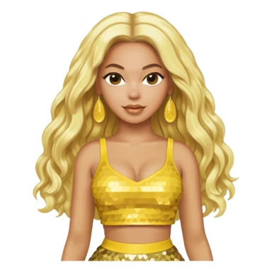 Beyonce with long platinum blonde hair, yellow sequin crop top yellow sequin skirt, gold earring sticker