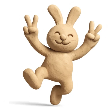 beige bunny jumping and making peace signs, matte plasticine claymation style with visible fingerprints sticker