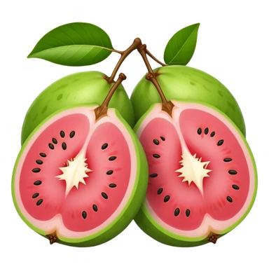 A guava cut in half showing pink flesh and white seeds sticker