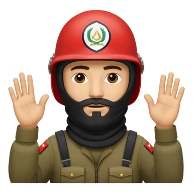 surrenders, depicts an Iraqi soldier from 1980, with a beard, in a helmet, with a balaclava, with a sad face and raised hands sticker