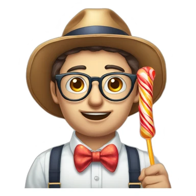 ugly big round frame glasses buckteeth week chin bowtie striped shirt suspenders holding a big lolipop with bad posture and a propeller hat portfolio manager sticker