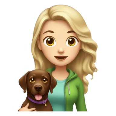 chubby girl with blond highlights in hair and green eyes walking a chocolate labrador sticker
