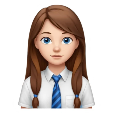 high school class room with a blackboard, with a pretty female high school student with long brown hair, blue eyes, wearing a tie sticker