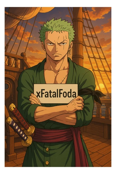 Zoro from One Piece with arms crossed, serious expression, holding a sign that says ‘xFatalFoda’, pirate ship deck at sunset, Wano arc anime style, highly detailed sticker